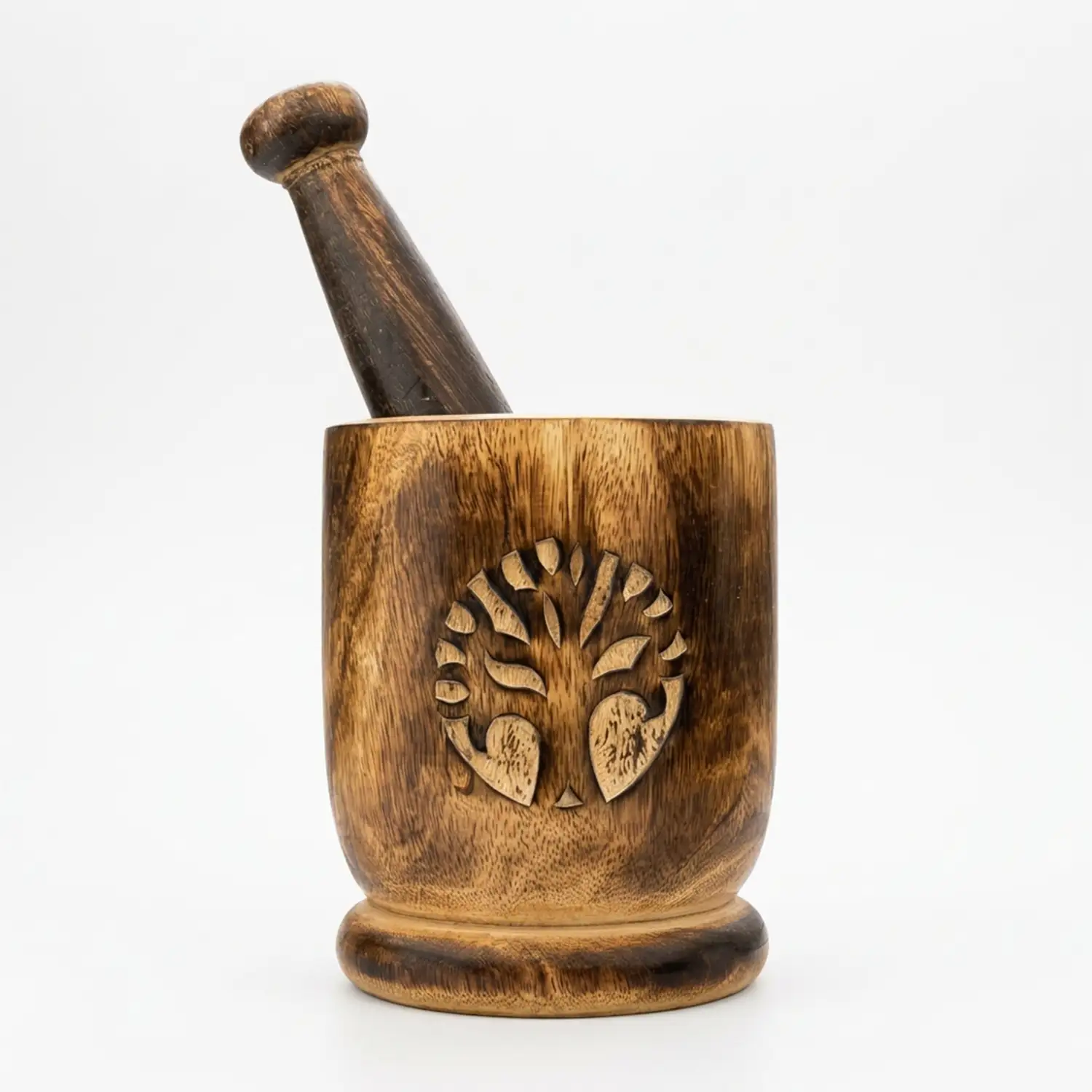 Premium Wooden Mortar & Pestle with Carved Tree Design for Spice & Herb Grinding